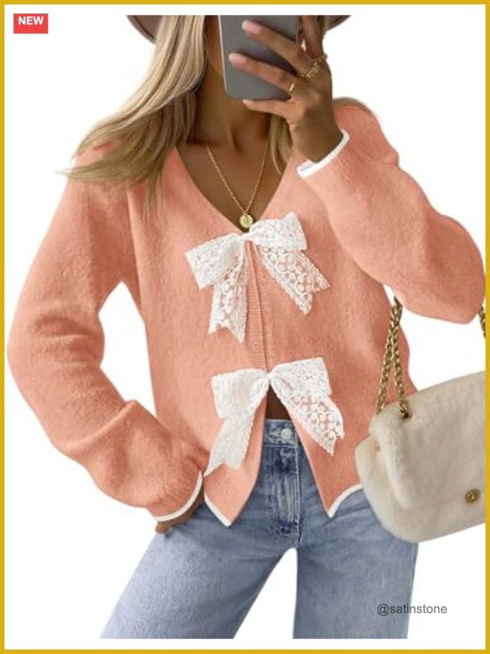 Sweaters - Chunky Knit Tie Front Bow Cardigan Sweater V-Neck Long Sleeve Women's Fall
